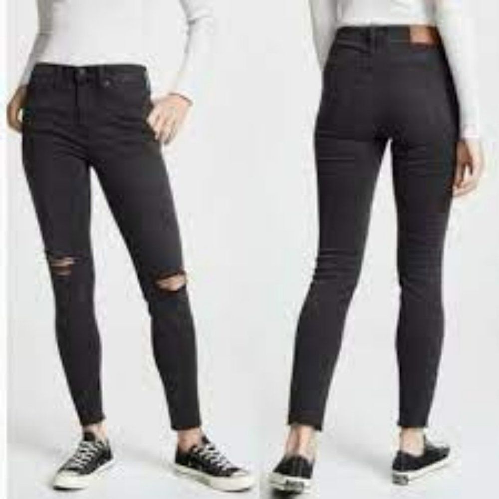MADEWELL HIGH RISER SKINNY RAW HEM FADED BLACK JEANS SIZE 27 LIGHT DISTRESSING